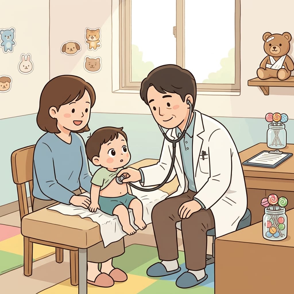 The doctor listens carefully to the child's heartbeat during a routine check-up.