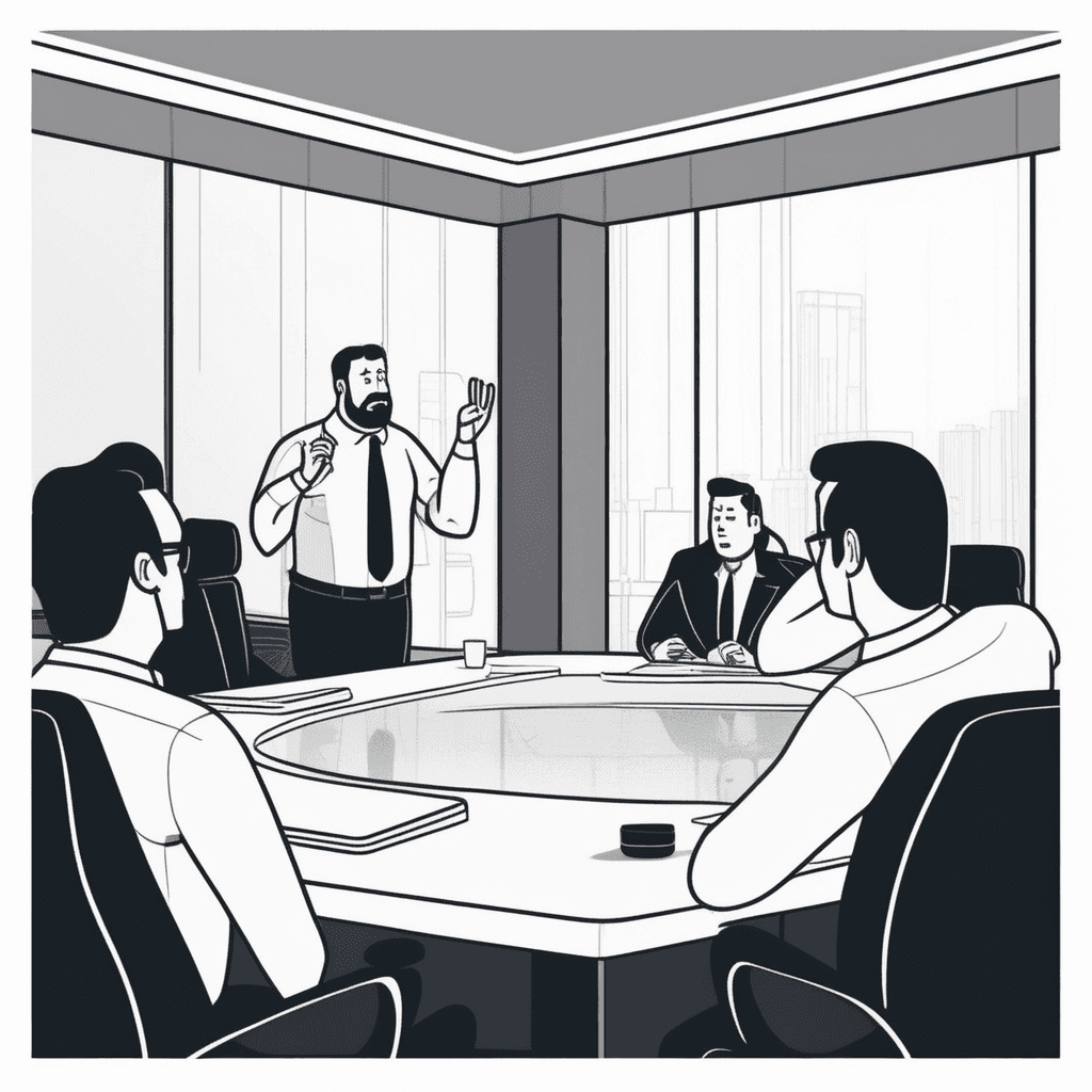 a rigid manager points forcefully at a thick rulebook while speaking to his team. His face shows no willingness to listen as he quotes policies word for word. The employees around the table look exhausted and frustrated as they try to explain practical problems. Their project materials and real-world concerns are completely ignored by the inflexible manager. One employee holds up charts showing why the rules won't work in this situation. The manager continues pointing at the rulebook, refusing to consider any alternatives or practical solutions. someone seeking to impose doctrine in all circumstances without regard to practical considerations