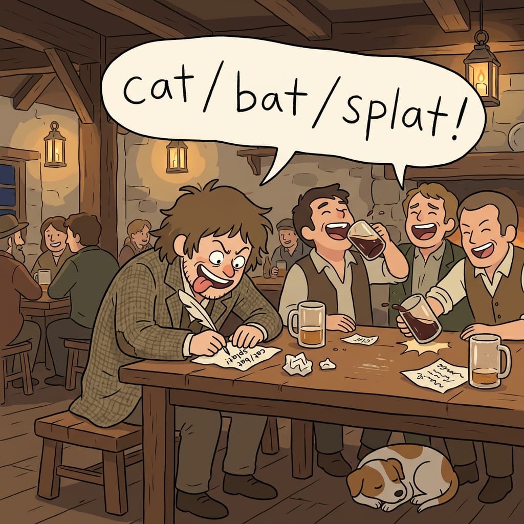 The poet laughed as he scribbled silly doggerel on a napkin at the pub.