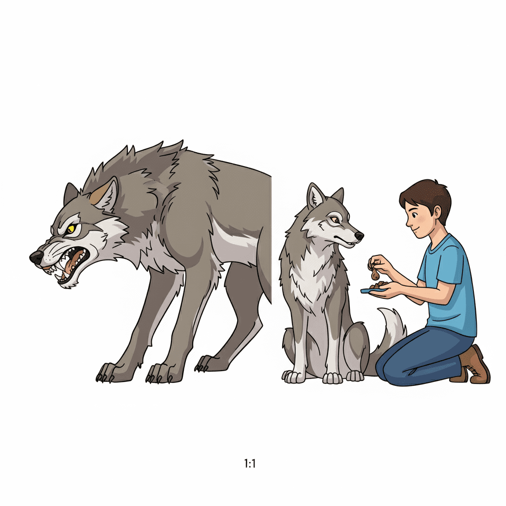 He domesticates a wild wolf — it slowly sits calmly beside him, no longer aggressive.