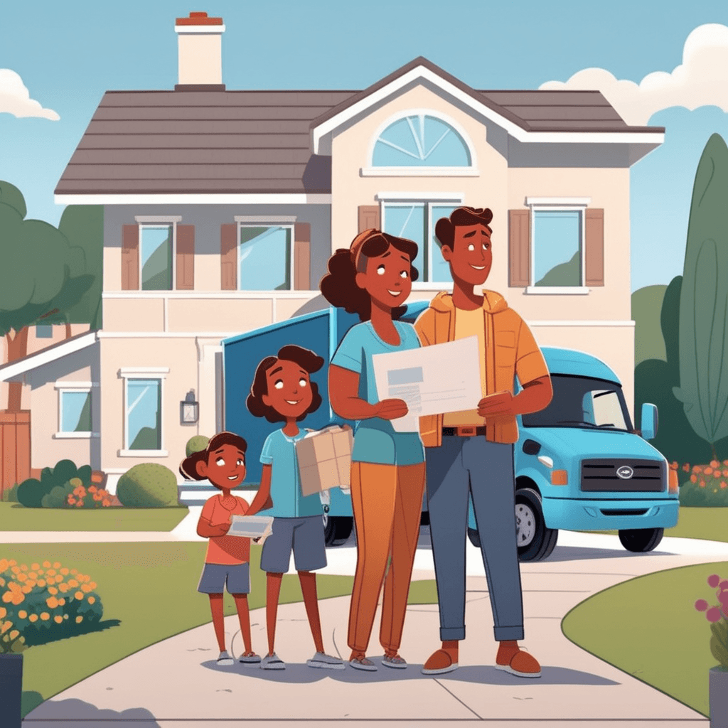 a family of three stands proudly in front of their new house holding official documents and keys. The parents smile while their child points excitedly at the front door with a welcome mat. A moving truck sits in the driveway with boxes being unloaded by movers. The mailbox shows their family name plate being installed by a postal worker. Neighbors wave from nearby houses welcoming the new residents to the community. a family establishing their permanent legal residence at this location