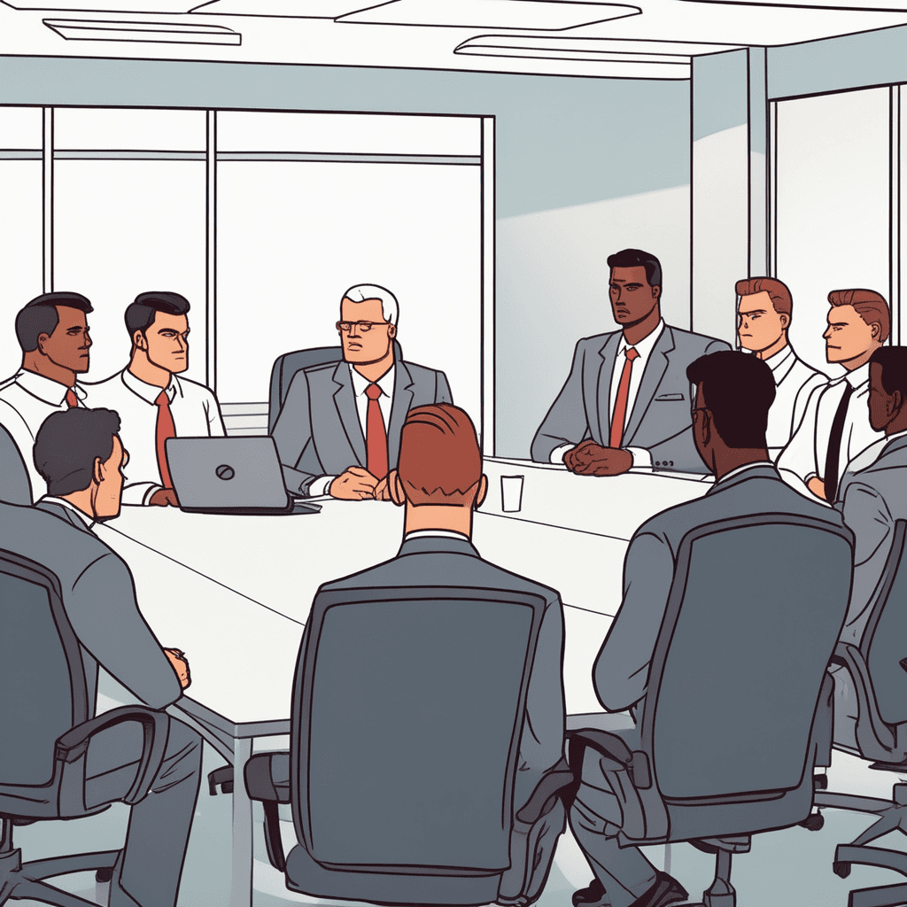 a stern-faced manager leans forward aggressively with pointed finger, towering over seated employees around a conference table. The boss's posture shows complete authority as they dismiss others' ideas with a dismissive wave. The employees shrink back in their chairs with worried expressions and downcast eyes. Papers and notebooks lie forgotten as the workers become silent and submissive. Some colleagues exchange nervous glances while others stare at the table to avoid confrontation. someone asserting their will over others in an arrogant and overbearing way