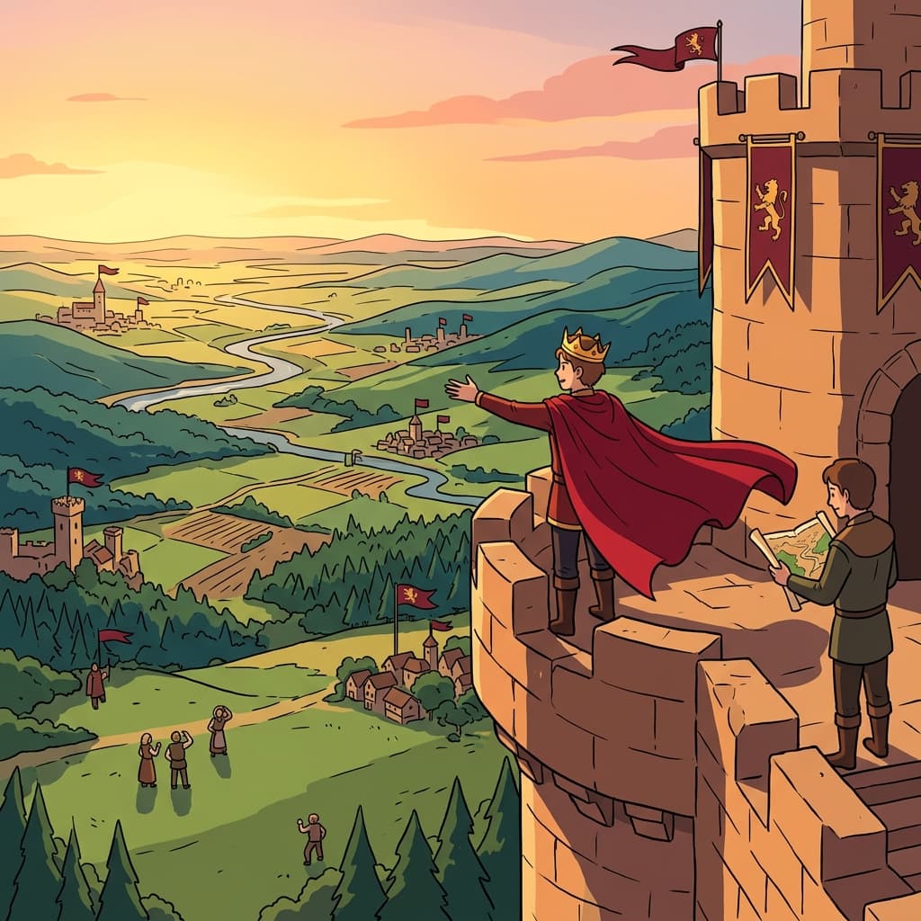 The young king surveys his vast dominion from the castle tower.