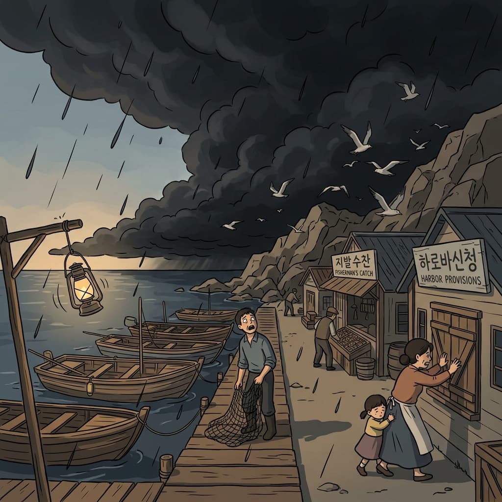 The sky turned doomful as dark clouds swallowed the fishing village.