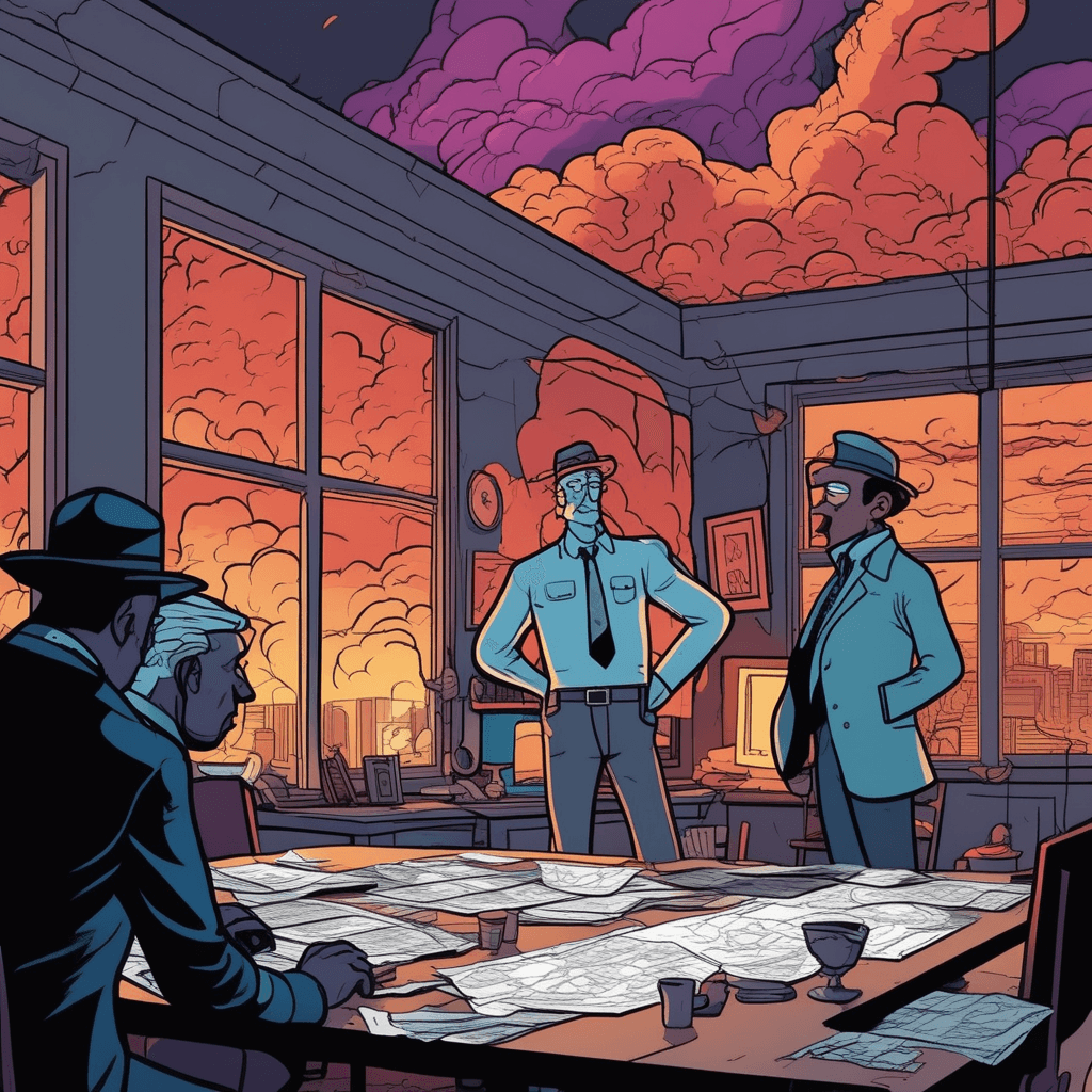 A roomful of experts in gloomful light, sensing something doomful in sight!
