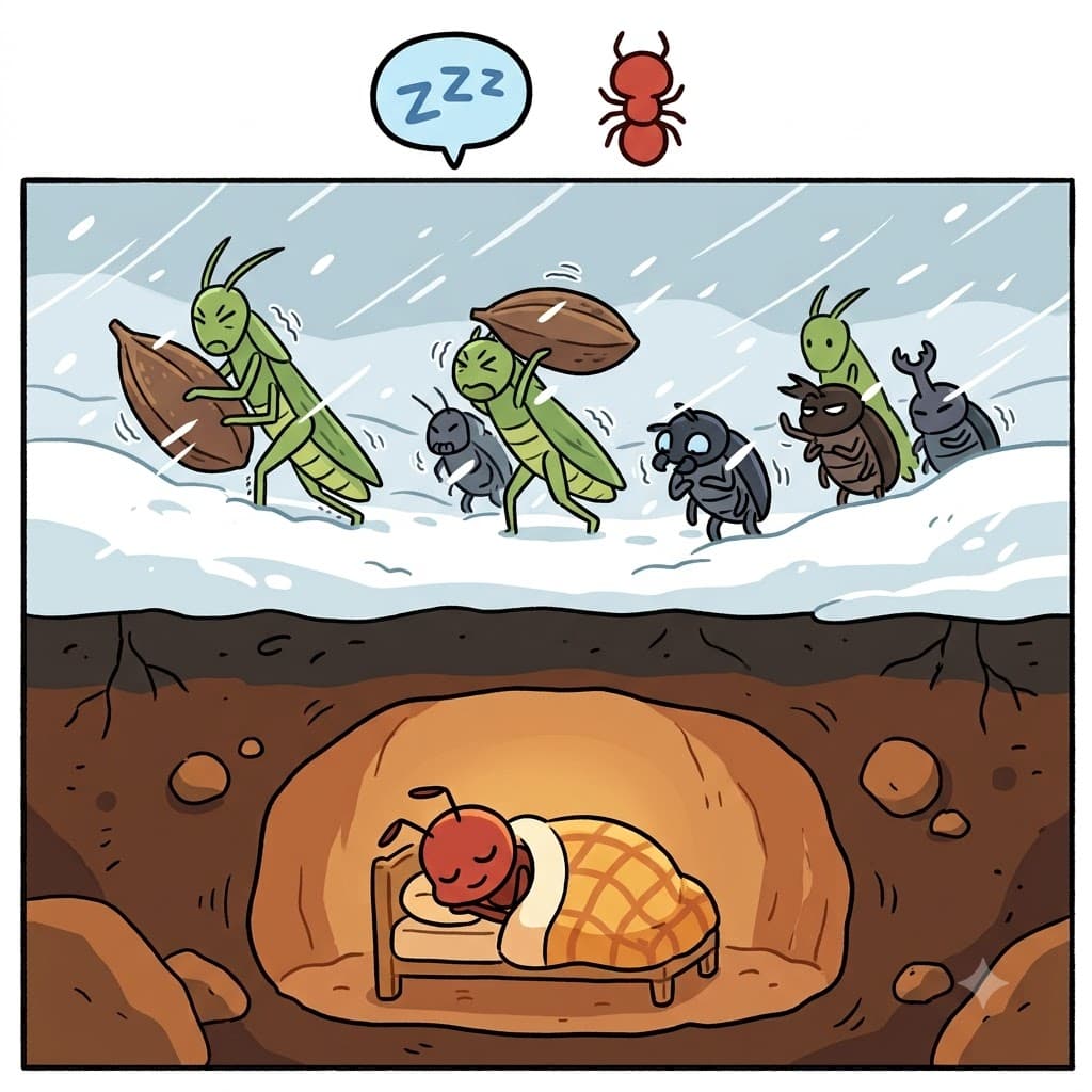 DORM(sleep) + ANCY(state) — the ANT stayed asleep in its underground DORM, entering complete dormancy.