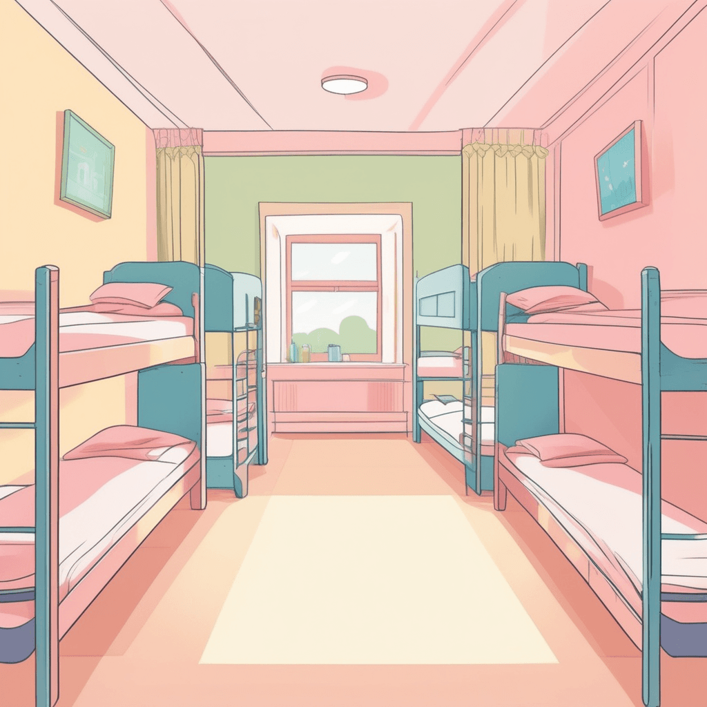 a large bedroom for a number of people in a school or institution