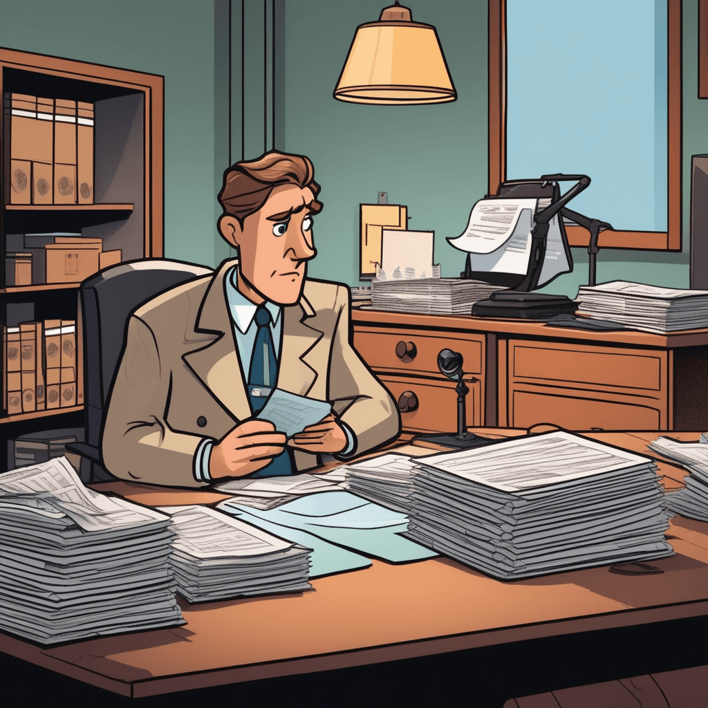 a detective in a coat carefully examines multiple documents spread across a wooden desk. The papers contain photos, reports, and official forms all relating to one specific case. The detective picks up each document to study it closely under the desk lamp. All the materials clearly belong together as part of one investigation file. A client sits nearby watching anxiously as the detective reviews the complete collection. a collection of documents about a particular person, event, or subject