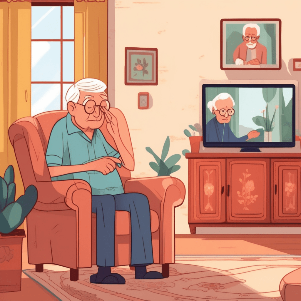 an elderly man sits in his armchair looking confused while holding his glasses upside down. He squints at a family photo but cannot recognize the people in it. His adult granddaughter kneels beside him with a worried expression, gently pointing at herself in the photo. The old man's vacant stare shows he doesn't understand who she is anymore. A walking cane lies forgotten on the floor beside scattered pill bottles. The granddaughter's sad but patient smile reflects years of watching his condition worsen. the state of senile decay marked by decline of mental poise and alertness