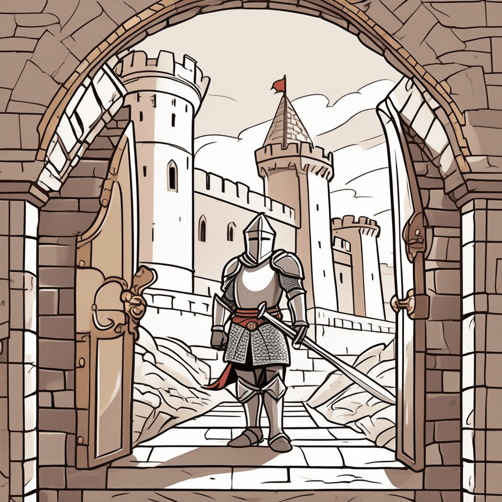 a determined knight in armor stands firmly at the castle entrance, sword raised high against multiple attacking enemies. The knight's stance shows unwavering resolve despite being outnumbered three to one. Enemy soldiers charge forward with weapons drawn, creating an overwhelming threat. The knight does not retreat but instead steps forward to meet the challenge head-on. Fellow defenders behind the knight look on with admiration at this display of bravery. Other castle inhabitants peer from windows, witnessing the courageous stand. someone being brave and resolute in a dangerous situation