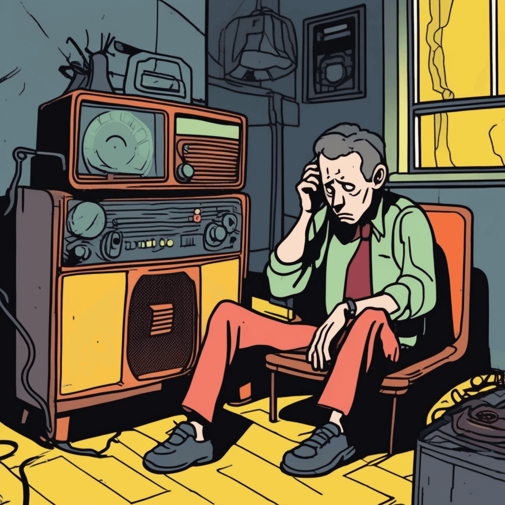 The downcast outcast listens to the harsh broadcast!