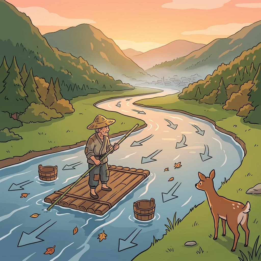 The wooden raft drifts downstream, carrying the fisherman toward the misty village below.