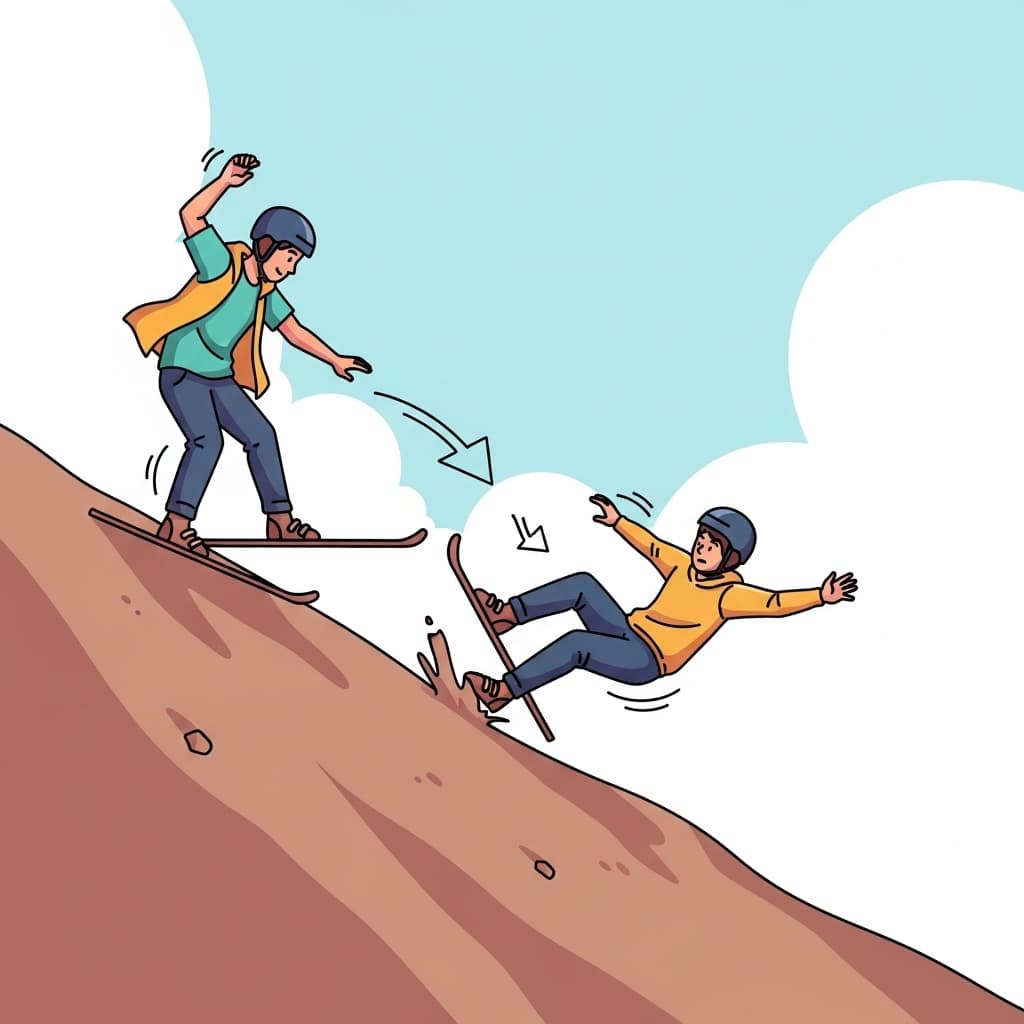 The situation hits a downturn — he loses balance and keeps sliding downward.