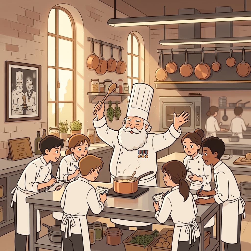 The doyen of French cuisine guides young chefs through his signature dish.