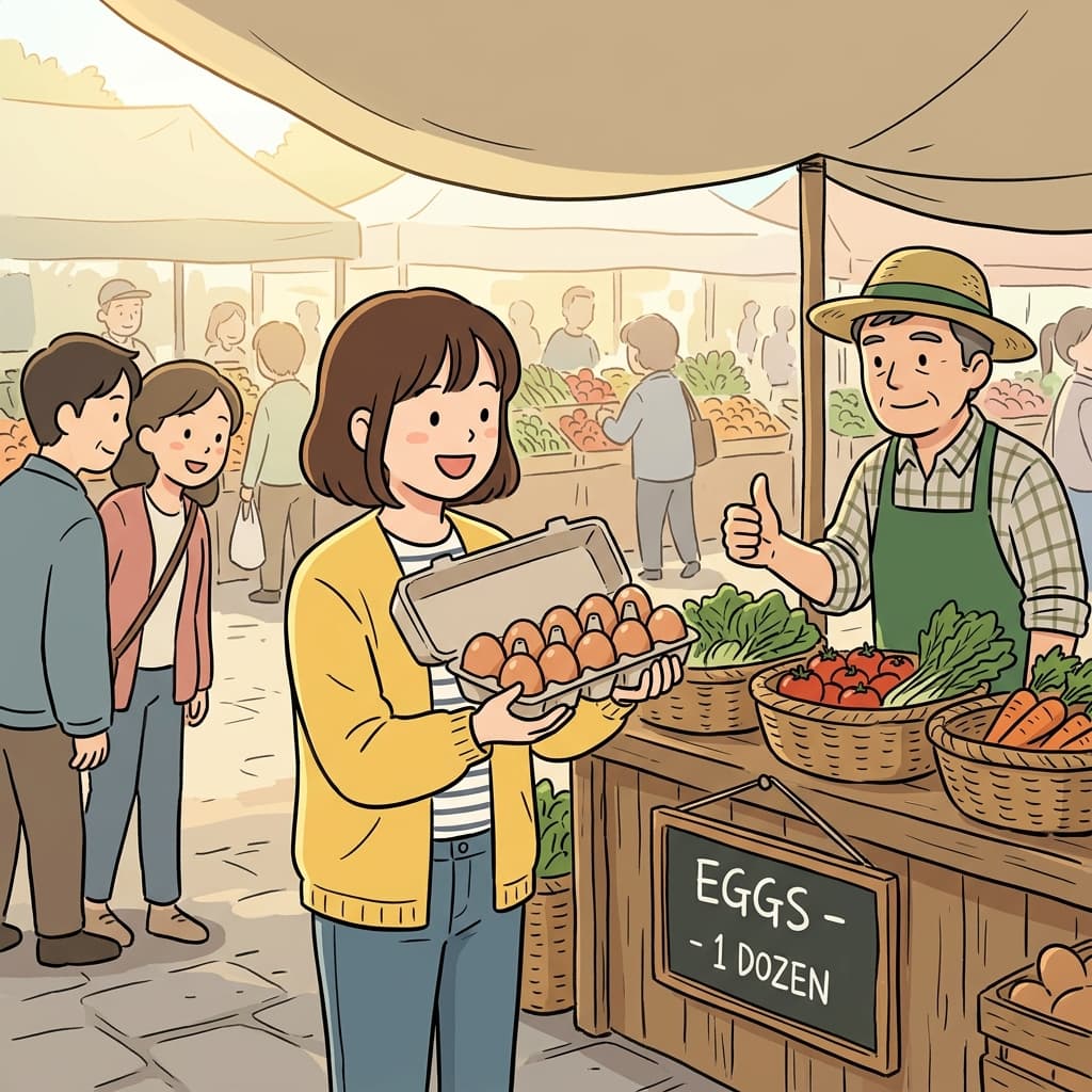 She bought a dozen fresh eggs at the farmer's market this morning.