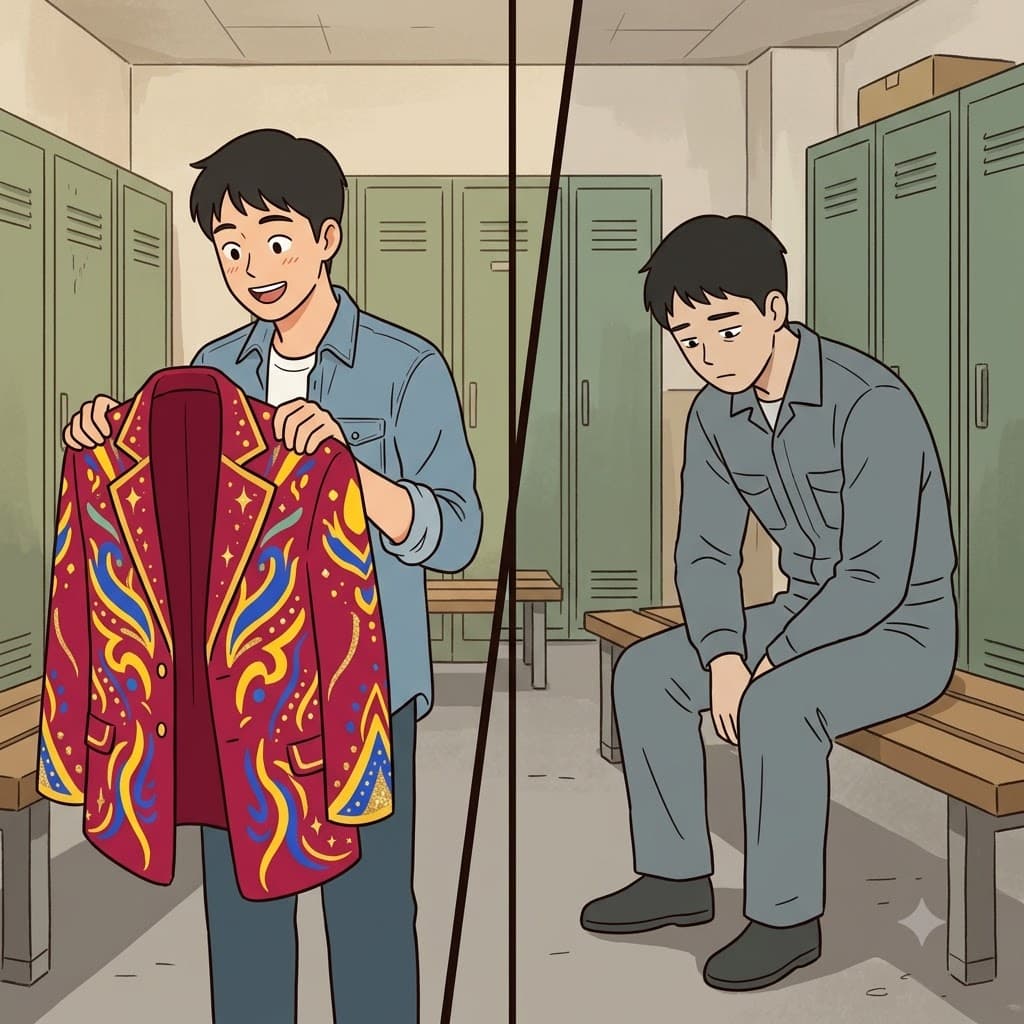 Taking off his vibrant party jacket, the worker put on his completely drab, grey uniform.