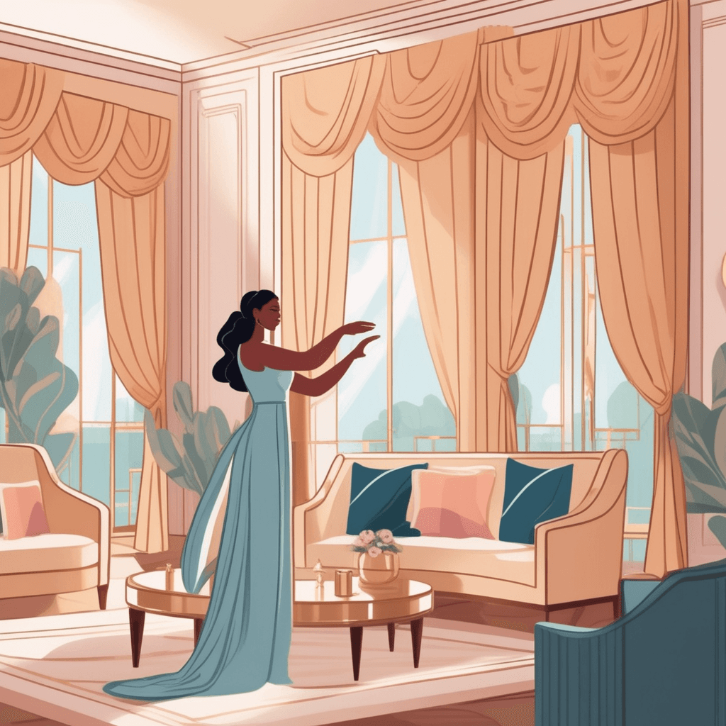 an interior designer carefully arranges long flowing curtains around a large window. She gathers the rich fabric in her hands, letting it fall in graceful folds and curves. The heavy cloth naturally creates beautiful pleats and waves as it hangs from the curtain rod. The fabric pools slightly on the floor, forming elegant draping patterns. Her assistant holds additional fabric panels, watching as the designer positions each fold perfectly. The homeowner observes from nearby, admiring how the cloth transforms the room's appearance. cloth coverings hung in loose folds as decorative window treatments