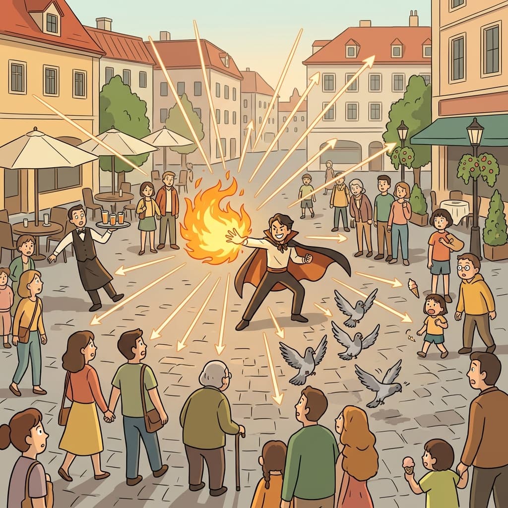 The street magician's fiery trick draws attention from the whole plaza crowd.
