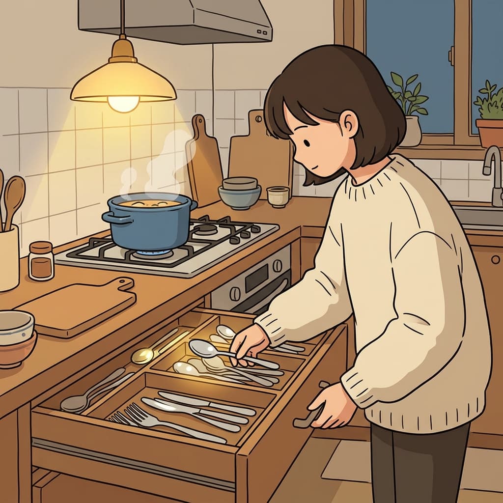 She pulled open the kitchen drawer to grab a spoon for her soup.