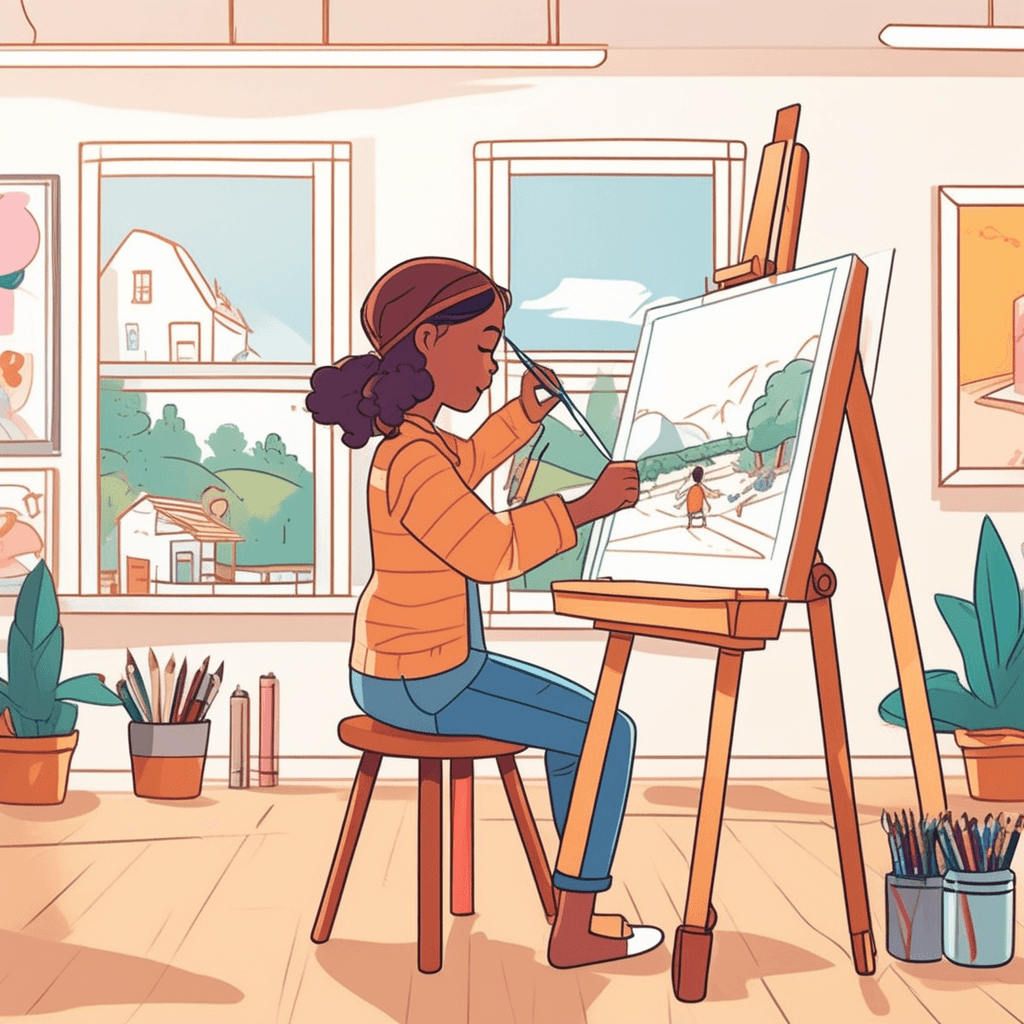 a young girl sits at an easel holding a pencil, carefully sketching lines on white paper. She moves her hand smoothly across the surface, creating the outline of a flower. The pencil marks appear dark and clear against the bright paper as her drawing takes shape. Several completed drawings lie nearby showing different subjects made with various tools like crayons and colored pencils. Other students work quietly at their own easels, each focused on their own artwork. pictures being made with a pencil, pen, or crayon rather than paint