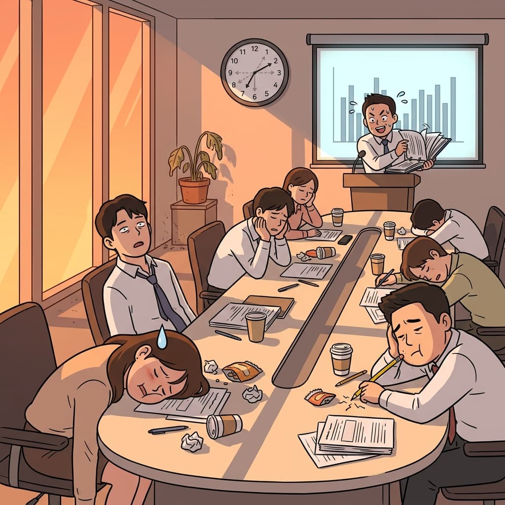 The drawn-out meeting stretched past sunset while everyone stared at the clock.