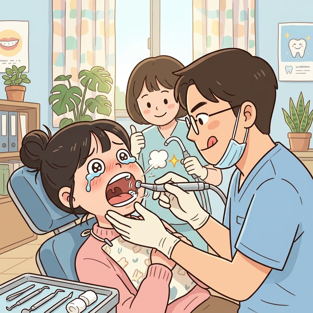 The dentist uses a tiny drill to fix the patient's tooth carefully.
