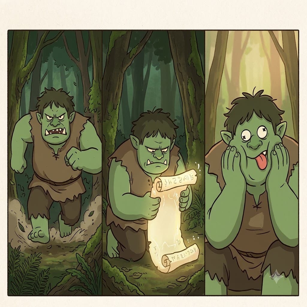 The scary troll opened the magical scroll and suddenly made a completely droll and silly face.