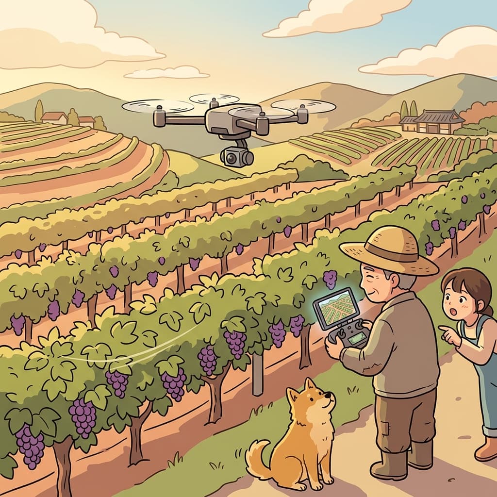 A drone hovers above the vineyard, mapping every row of grapes.