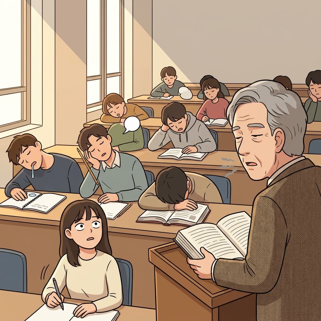 The professor's droning voice put half the class to sleep by noon.