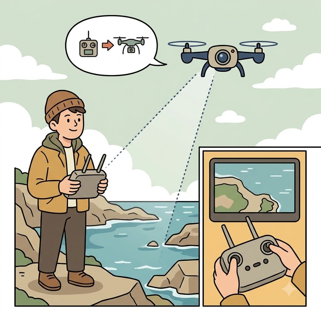 The drone was droning overhead as the photographer took pictures of the coastline. (DRONE → DRONING → MAKING A LOW, CONTINUOUS SOUND)