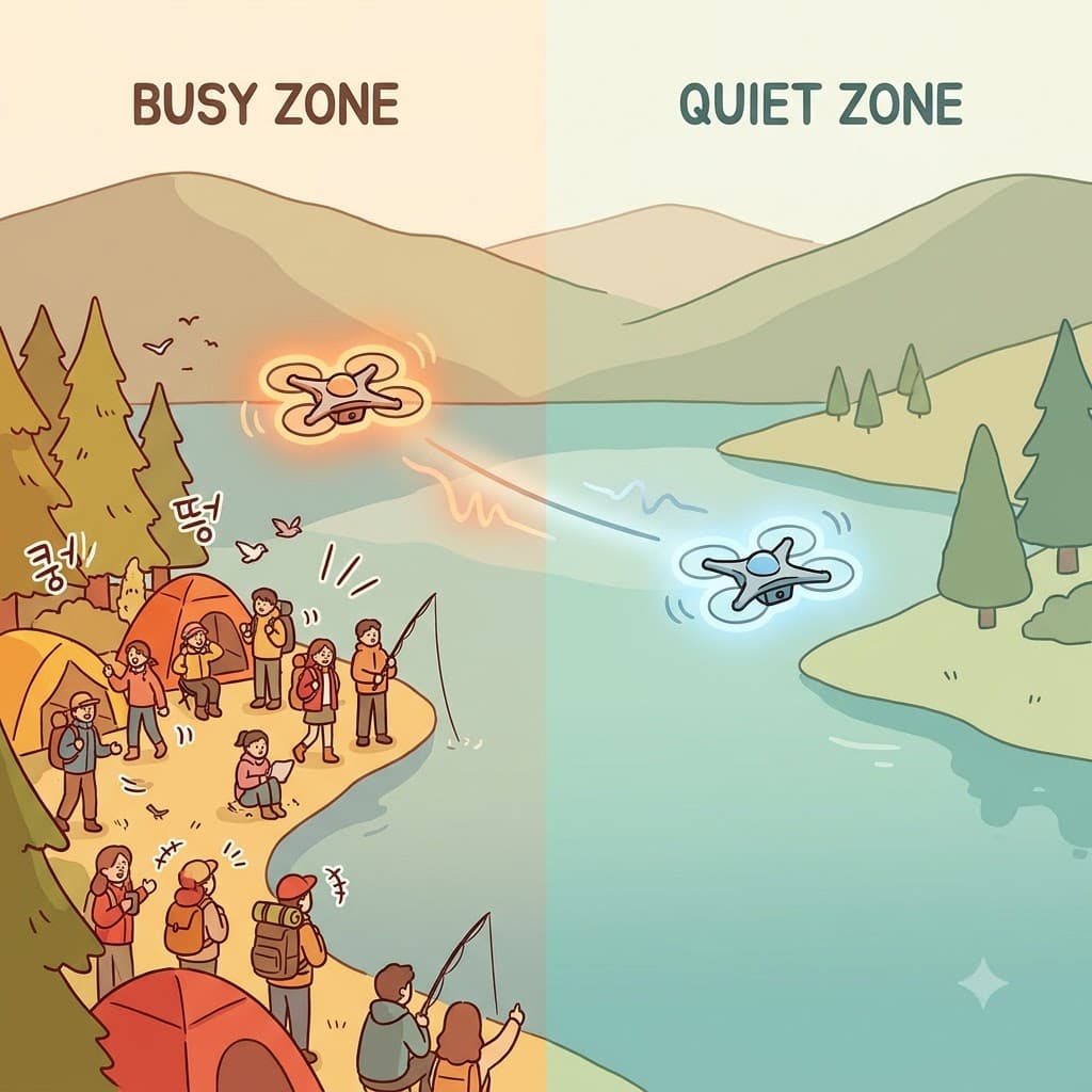 The drone kept droning as its tone changed while it flew into the quiet zone above the lake.