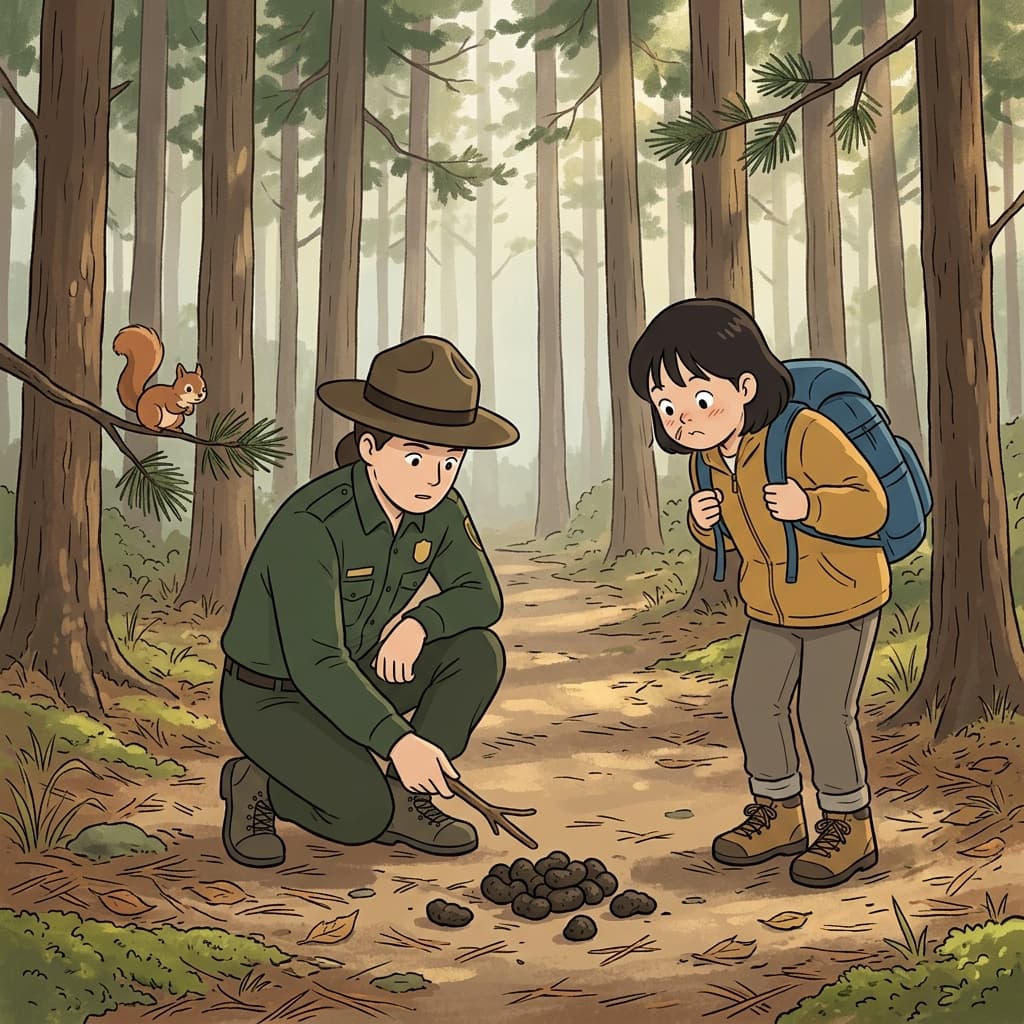 The ranger points at fresh bear droppings on the forest trail.