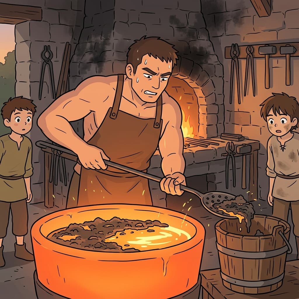 The blacksmith skims off the dross floating on the molten metal.