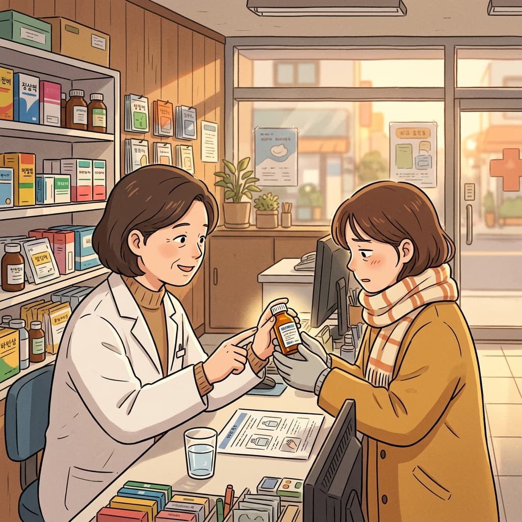 The pharmacist hands her a small bottle of drug for the fever.