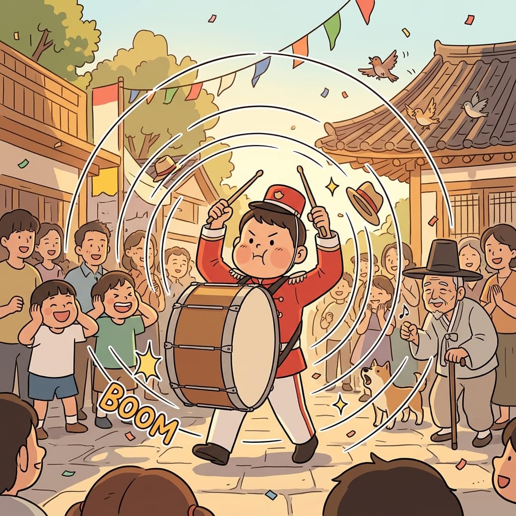 The boy pounds the drum with all his heart at the parade.