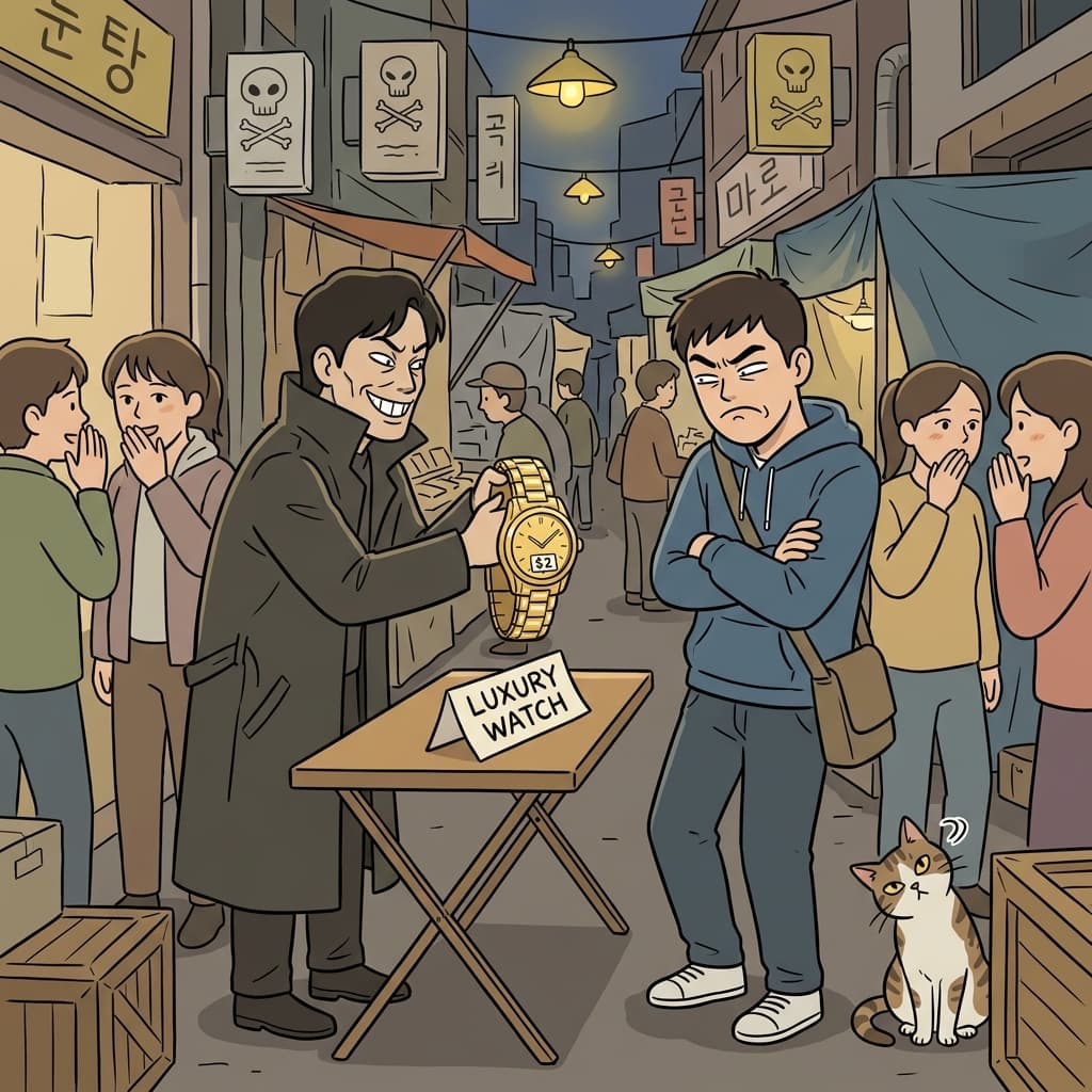He gave a dubious look at the shady street vendor's 'genuine' gold watch.