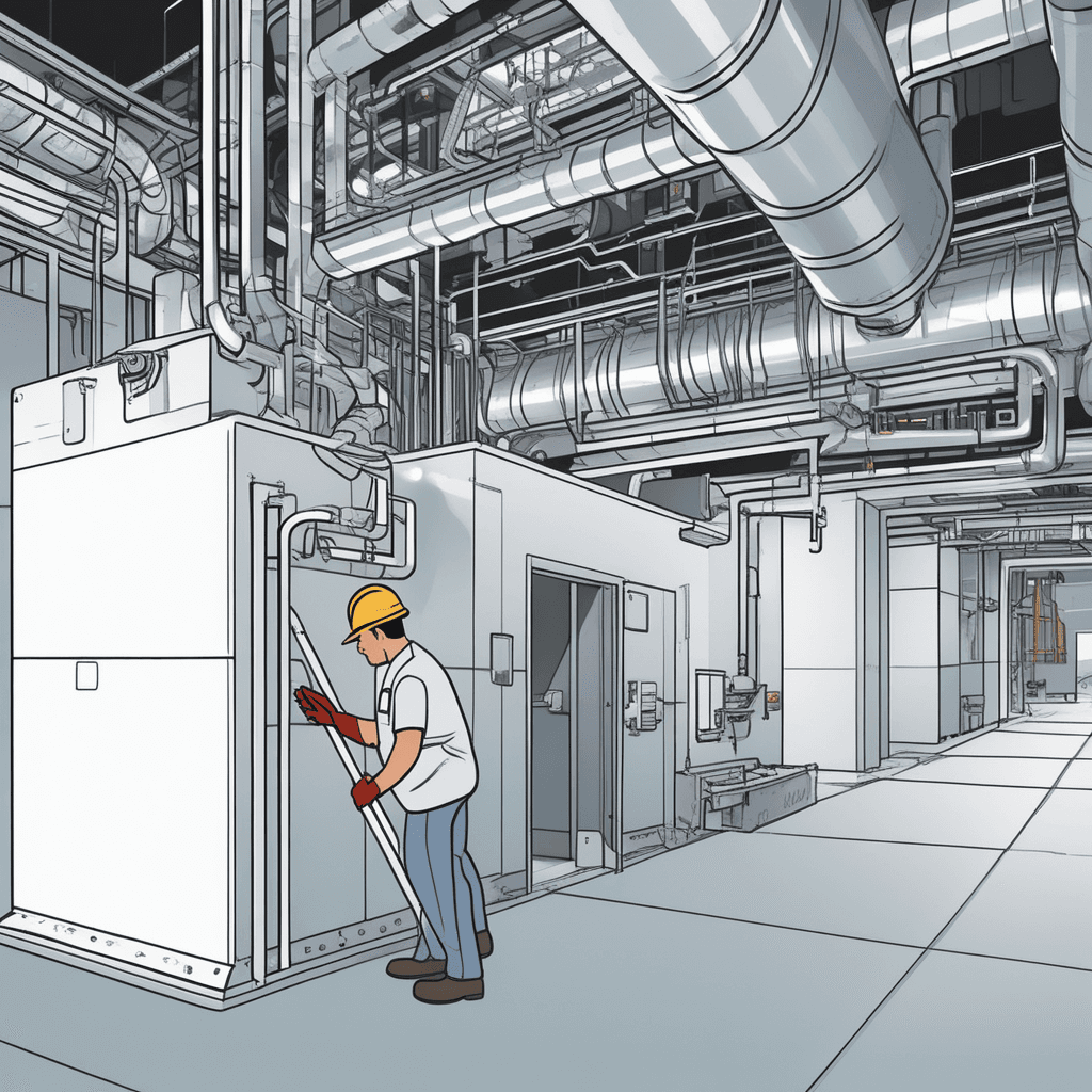 a maintenance worker in coveralls points upward at large silver metal tubes running along the ceiling. The rectangular metal passages carry streams of air shown as flowing blue wisps moving through them. One section of the tube system branches into smaller passages that lead toward different areas. The flowing air streams split and follow each pathway as they transport fresh air throughout the building. Another worker holds a clipboard and nods while observing the efficient air movement system. tubes and passages that carry air and other materials from one place to another