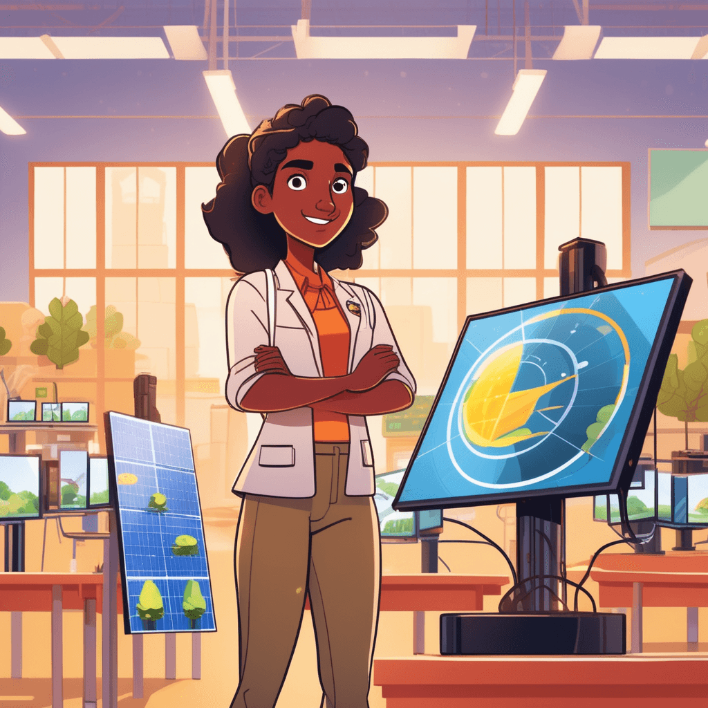 a proud student stands next to her elaborate solar panel experiment that powers multiple small devices. Her project clearly dominates the display with bright LED lights, spinning fans, and moving parts all running smoothly. Meanwhile, other students' projects around her sit dim and motionless without any power source. A judge points directly at her solar panels while holding up a first-place ribbon. The bright sunlight streaming through the window illuminates her solar panels while casting shadows on the inactive projects nearby. her success is mainly because of her solar power innovation