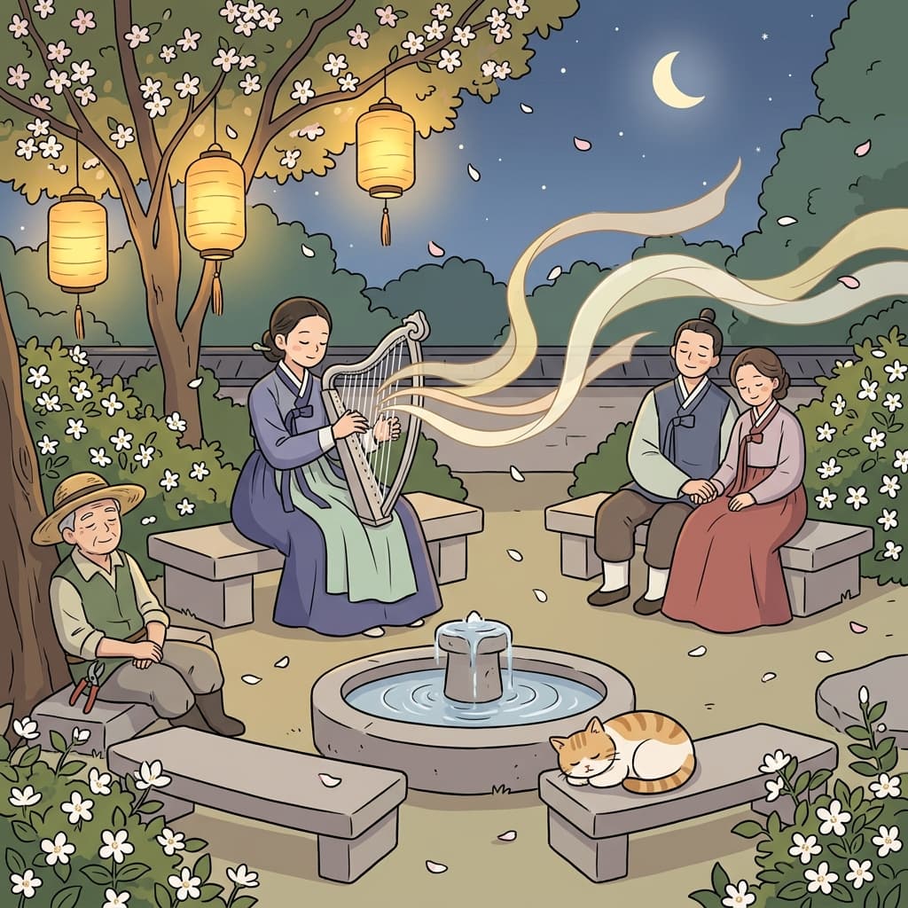 The harpist's dulcet notes drifted through the moonlit garden, calming everyone who listened.