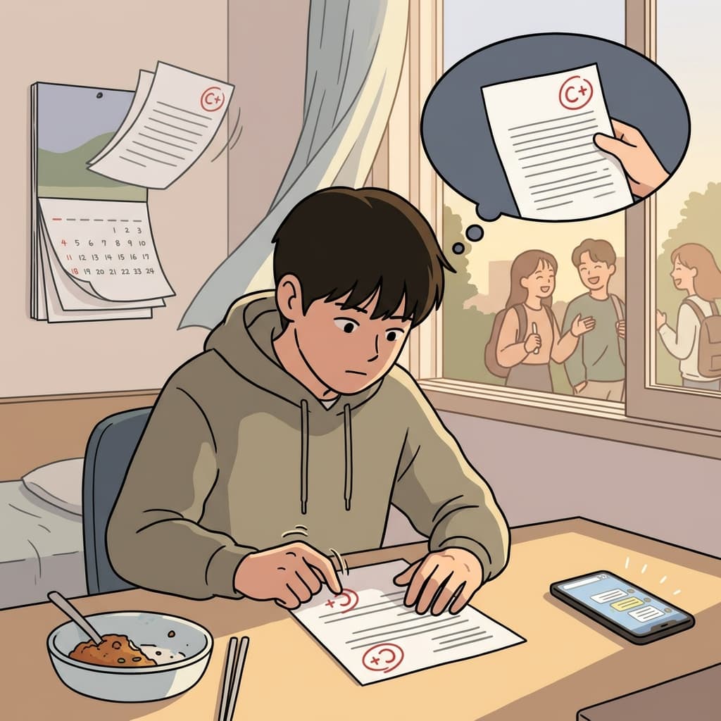 He keeps dwelling on one bad exam grade while life moves on around him.
