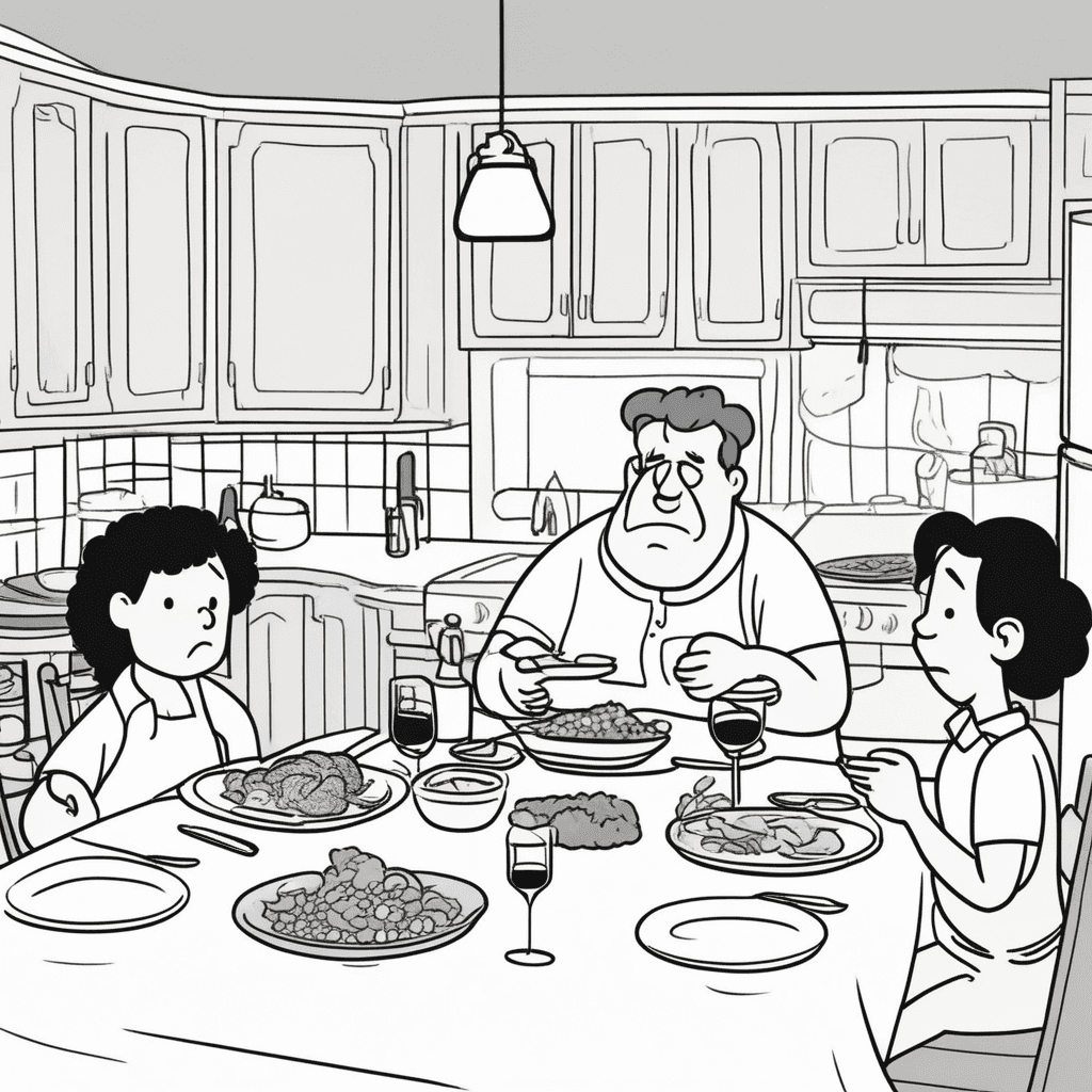 a middle-aged man sits at the dinner table clutching his stomach with one hand while scowling at his plate of food. His face shows clear signs of discomfort with furrowed brows and a grimace as he pushes the plate away. The rich, heavy meal on his plate has clearly upset his stomach, causing visible digestive distress. His bad mood from the indigestion makes him snap irritably at his concerned family members around the table. His wife and children look worried as they watch him rub his belly and complain about the food. The other family members exchange glances, recognizing his familiar pattern of stomach trouble leading to grumpiness. someone suffering from indigestion while being bad-tempered and irritable as a result