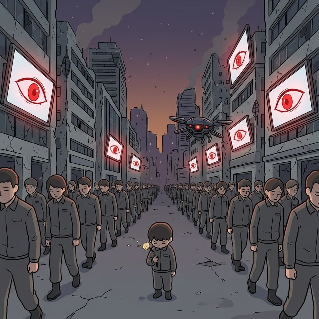 In the dystopia, giant screens watch citizens march through gray ash-covered streets.