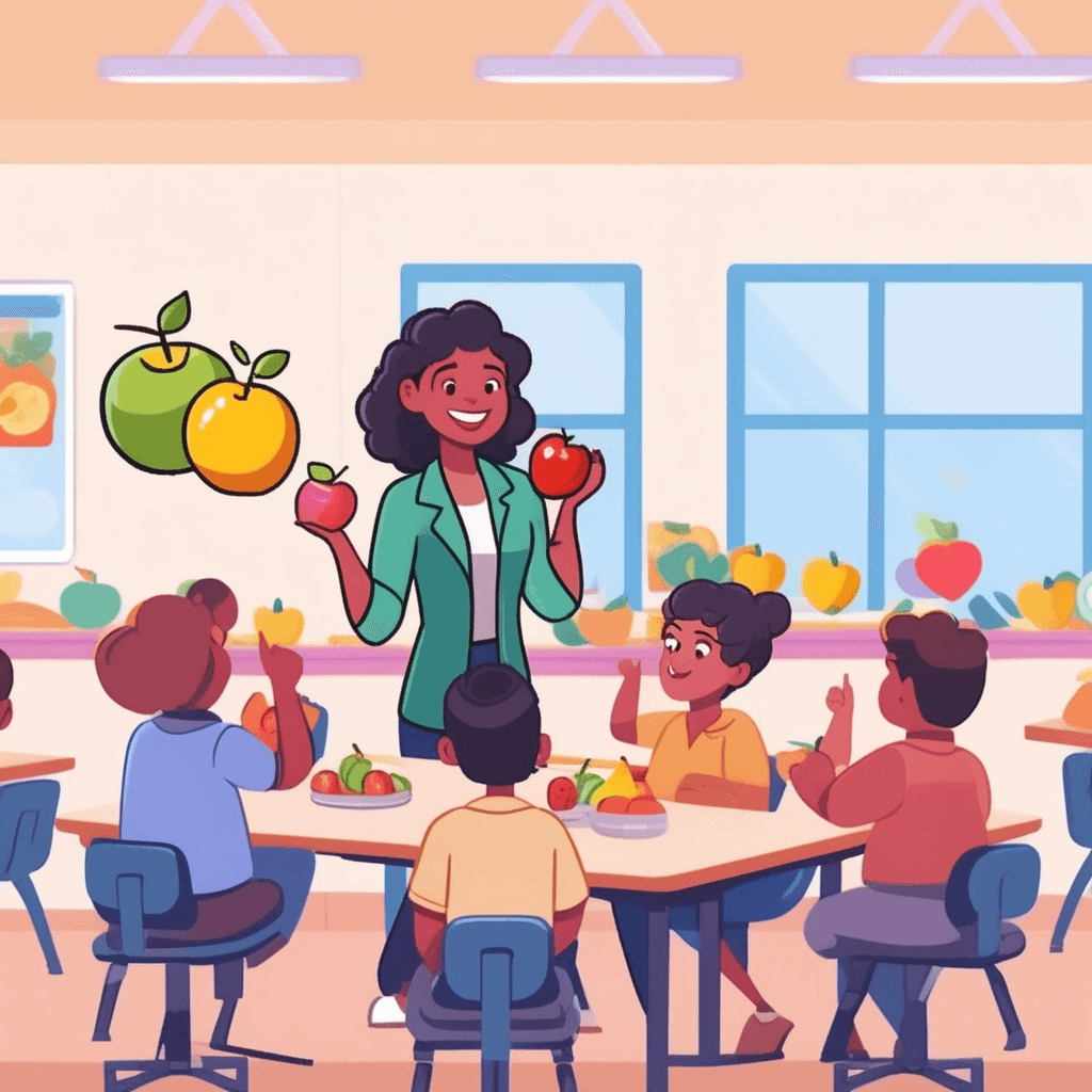 a friendly teacher points to three different colorful fruits on her desk while explaining healthy foods to her students. She gestures first to an apple, then to a banana, and finally to an orange to show specific instances. The students nod with understanding as they see the concrete examples. Several children raise their hands excitedly, now grasping the concept through the clear demonstrations. someone providing specific examples to illustrate a broader idea