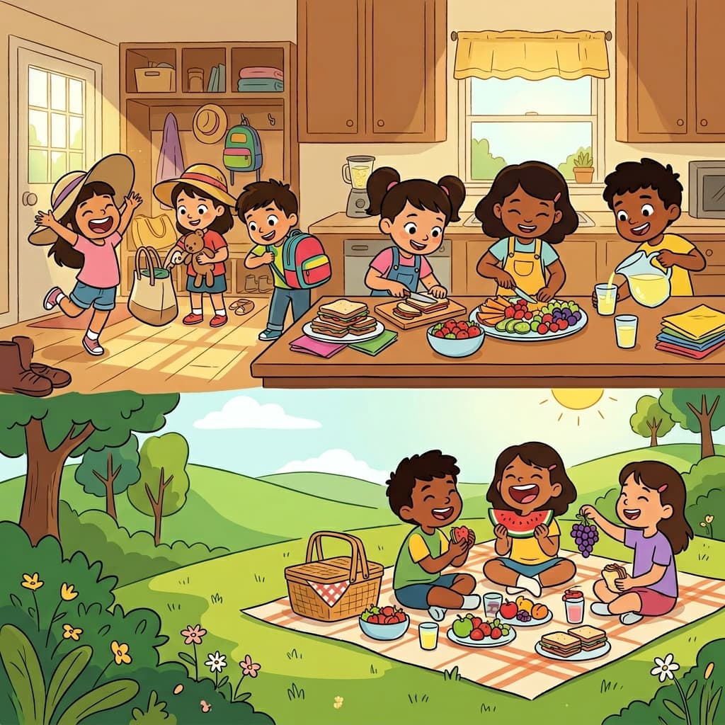 The eager children prepared for the picnic and happily shared their snacks.