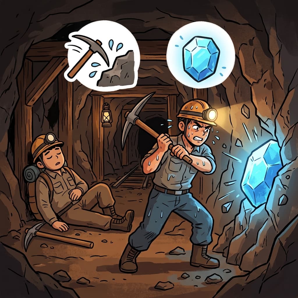 The miner worked earnestly to uncover the biggest gem. (EARN(get) + EST(most))