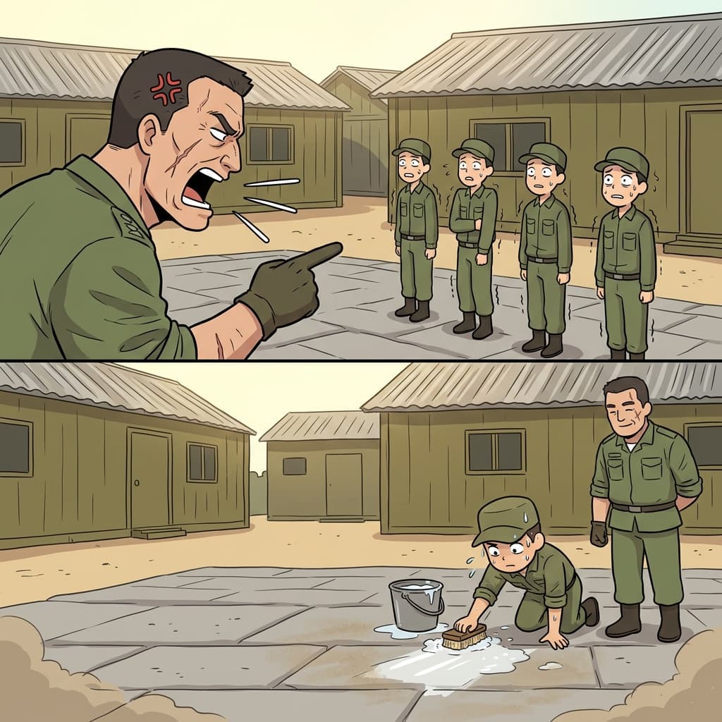 The general spoke sternly, but the young soldier kept working earnestly.