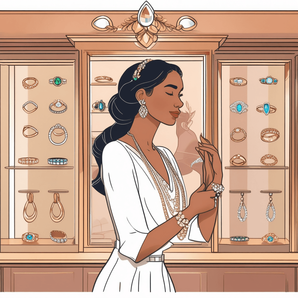 a young woman holds up delicate silver hoops near her ears while looking in a hand mirror. She carefully positions the jewelry to see how they would look when worn. The shop assistant points to different pairs of dangling and stud styles in the display case below. The customer's face lights up as she finds the perfect pair that matches her outfit. Other customers browse nearby cases filled with various ear jewelry designs. pieces of jewelry worn on or through the ears