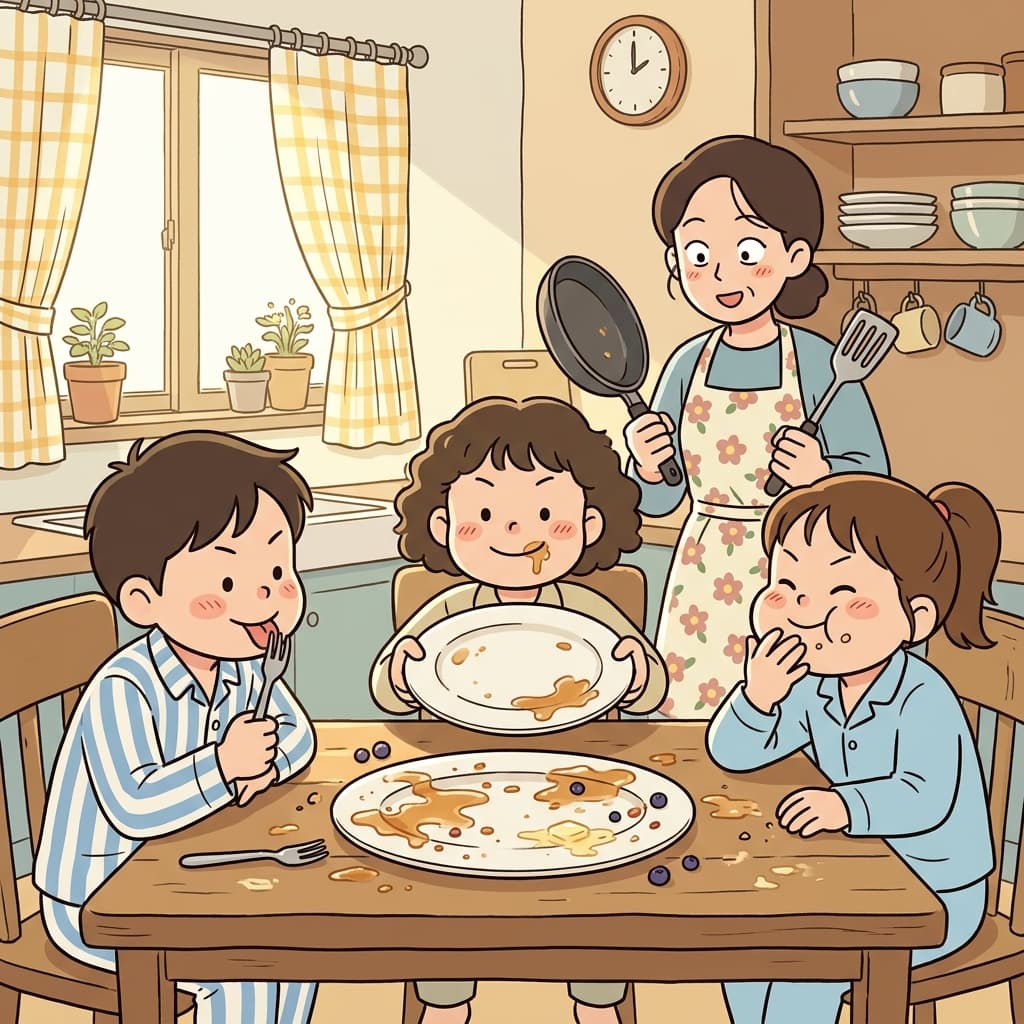 The hungry kids eat up every last bite of pancakes on the table.