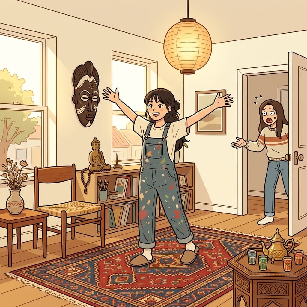 Her eclectic living room blends a Persian rug, Japanese paper lanterns, mid-century Danish chairs, and African tribal masks — and somehow it all feels like home.