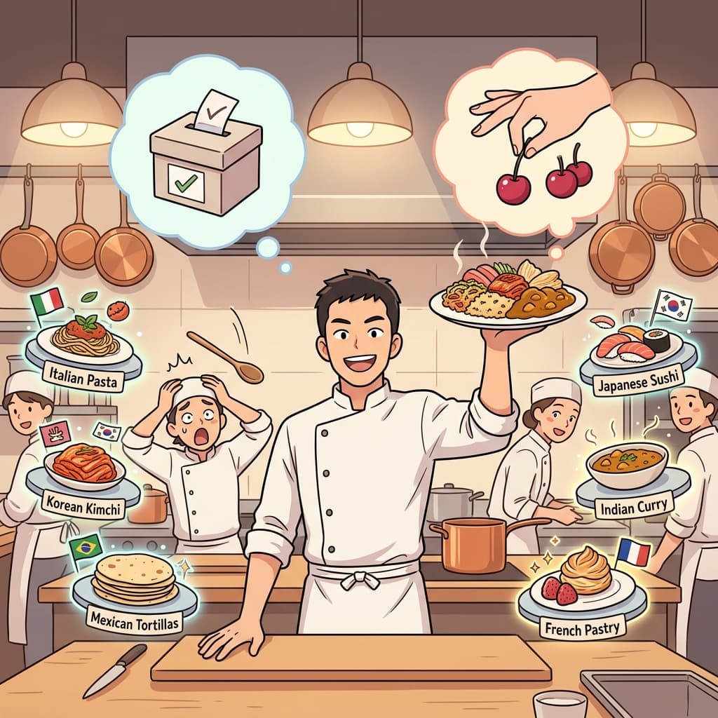 The chef's eclectic menu borrows from twelve different cuisines without losing its soul. (ELECT + PICK = ECLECTIC → choosing and combining the best from many different sources)